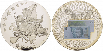 НИДЕРЛАНДЫ МЕДАЛЬ 2002 ПОХИЩЕНИЕ ЕВРОПЫ, КУПЮРА 5 ЕВРО ЕВРОПРОБА, СЕРЕБРЕНИЕ, ЦВЕТНАЯ ЭМАЛЬ, ДИАМЕТР 50 ММ. ВЕС 54 ГР. медно-никель PROOF 01-237-44
