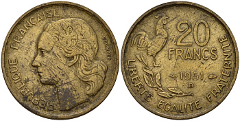 Франция 20 франков 1951 B, Петух KM 917.1 алюминиевая бронза 4159-934