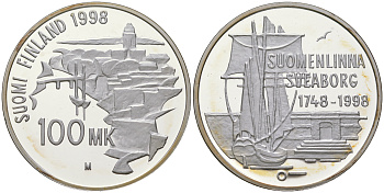 Финляндия 100 марок 1998 Свеаборг, бастионная система укреплений на островах близ Хельсинки, корабли, тираж 3300 экземпляров KM 88 серебро  PROOF  1095-3-62