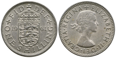 Великобритания 1 шиллинг 1961 Елизавета II (1952-2022), Английский герб KM 904, Spink 4147 медно-никель 4179-1042