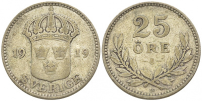 Швеция 25 эре 1919 W, Густав V (1907-1950) KM 785 серебро 3309-913