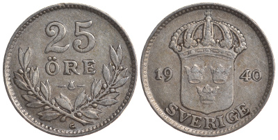 Швеция 25 эре 1940 G, Густав V (1907-1950) KM 785 серебро 4179-853