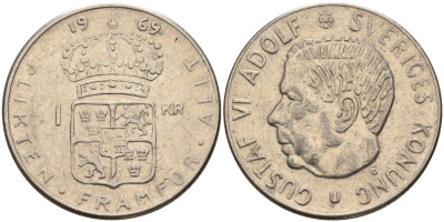 Швеция 1 крона 1969 U, Густав VI Адольф (1950-1973) KM 826a медь плакированный медно-никелем 4150-253