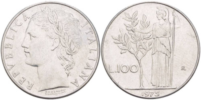ИТАЛИЯ 100 ЛИР 1975 R, АФИНА У ОЛИВКОВОГО ДЕРЕВА KM 96.1 нержавеющая сталь 4545-712