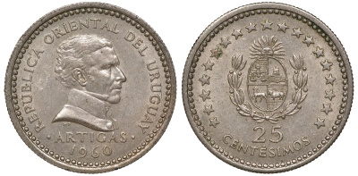 Уругвай 25 сентесимо 1960 KM 40 медно-никель 4169-1011
