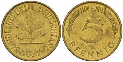 ФРГ 5 пфеннигов 1977 F J.382, KM 107 сталь плакированная латунью    4598-963