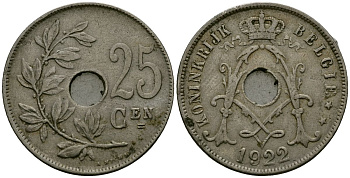 Бельгия 25 сантимов 1922 Belgie KM 69 медно-никель 4165-833
