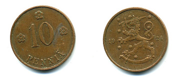 Финляндия 10 пенни 1924 республика (1918-1962) KM 24 медь 46-939