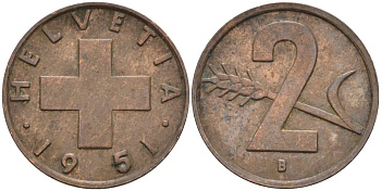 Швейцария 2 раппена 1951 В KM 47 бронза 4114-1221