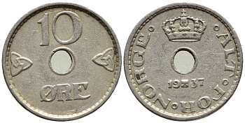 НОРВЕГИЯ 10 ЭРЕ 1937 KM 383 медно-никель 4396-362