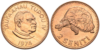 Тонга 2 сенити 1974 король Тауфа’ахау Тупоу IV (1967-2006), черепаха KM 28 бронза  UNC  220-1211