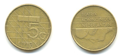 Нидерланды 5 гульденов 1990 Беатрикс (1980-2013) KM 210 никель плакированный бронзой 84-1031
