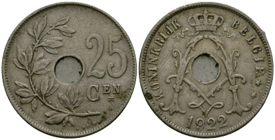 Бельгия 25 сантимов 1922 Belgie, Альберт I (1909-1934) KM 69 медно-никель 4165-833