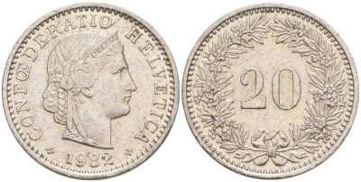 Швейцария 20 раппенов 1982 KM 29a медно-никель 55-1012