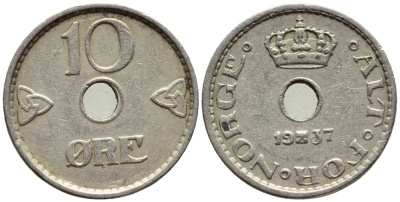НОРВЕГИЯ 10 ЭРЕ 1937 KM 383 медно-никель 4396-362