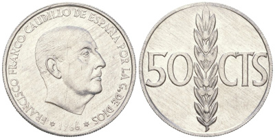 Испания 50 сентимо 1966 (74) Франсиско Франко (1939-1975) KM 795 алюминий UNC 261-647