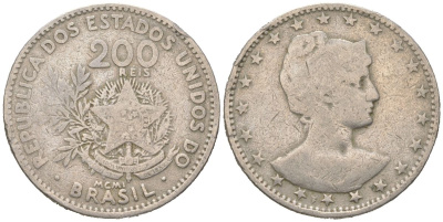 Бразилия 200 реалов 1901 MCMI, голова свободы вправо KM 504 медно-никель 4612-415