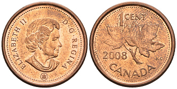 Канада 1 цент 2008 Елизавета II (1952-2022), кленовый лист KM 490а сталь плакированная медью 4609-419
