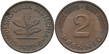 ФРГ 2 пфеннига 1972 D KM 106а сталь плакированная медью 4171-415