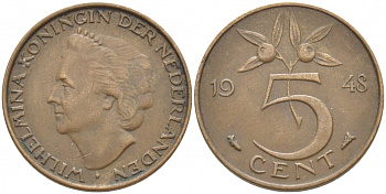 НИДЕРЛАНДЫ 5 ЦЕНТОВ 1948 ВИЛЬГЕЛЬМИНА KM 176 бронза 3856-1143