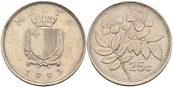 Мальта 25 центов 1993 шиповник вечнозелёный KM 97 медно-никель 219-1056