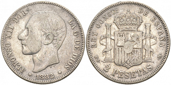 Испания 2 песеты 1882 MS-M, Альфонсо XII (1874-1885) KM 678 серебро 68-514
