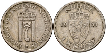 Норвегия 1 крона 1951 Хокон VII (1905-1957) KM 397.1 медно-никель 4187-927