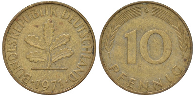 ФРГ 10 пфеннигов 1971 C KM 108, J. 383 сталь плакированная латунью 4132-543