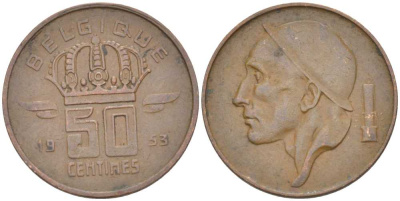 БЕЛЬГИЯ 50 САНТИМОВ 1953 BELGIQUE KM 144 бронза 4387-1263