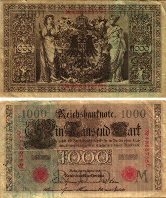 ГЕРМАНИЯ 1000 МАРОК 1910 21 АПРЕЛЯ 1910, СЕМИЗНАЧНЫЙ НОМЕР, СЕРИЯ G Pick 44b бумага 8610-12-1