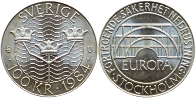 Швеция 100 крон 1984 Карл XVI Густав (1973- ), Стокгольмская конференция KM 863 серебро UNC 1072-5-34