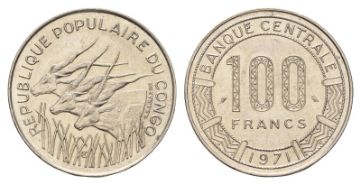 Конго 100 франков 1971 KM 1 никель aUNC 4671-124