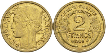 ФРАНЦИЯ 2 ФРАНКА 1938 ТИП MORLON KM 886, LE FRANC 268.11 алюминиевая бронза 3855-114