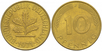 ФРГ 10 ПФЕННИГОВ 1971 J KM 108, J.383 сталь плакированная латунью 3996-623