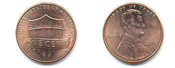 США 1 ЦЕНТ 2011 ЛИНКОЛЬН, ЩИТ KM 469 цинк плакированный медью 86-413