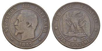 Франция 10 сантимов 1853 BB, Наполеон III (1852-1870) KM 771.3 бронза 36-1226