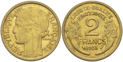 ФРАНЦИЯ 2 ФРАНКА 1938 ТИП MORLON KM 886, LE FRANC 268.11 алюминиевая бронза 3855-114