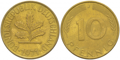 ФРГ 10 ПФЕННИГОВ 1971 J KM 108, J.383 сталь плакированная латунью 3996-623