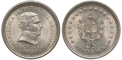 Уругвай 25 сентесимо 1960 KM 40 медно-никель 4169-812