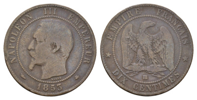 Франция 10 сантимов 1853 BB, Наполеон III (1852-1870) KM 771.3 бронза 36-1226