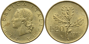Италия 20 лир 1972 R, дубовая ветвь KM 97.2 алюминиевая бронза 4171-913