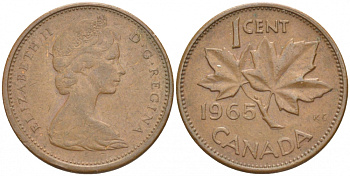 Канада 1 цент 1965 Елизавета II (1952-2022), кленовый лист KM 59.1 бронза 4532-443