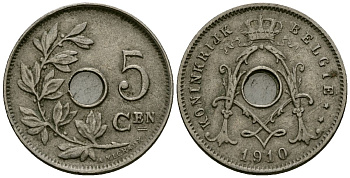 Бельгия 5 сантимов 1910 Belgie KM 67 медно-никель 4173-161