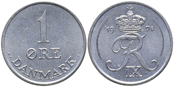 Дания 1 эре 1971 С; S, Фредерик IX (1947-1972) KM 839.2 цинк UNC 100-669