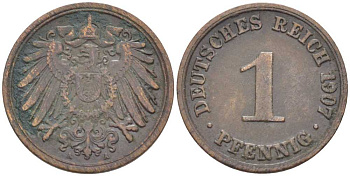 ГЕРМАНИЯ 1 ПФЕННИГ 1907 A KM 10, J. 10 медь 112-1116