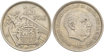 ИСПАНИЯ 25 ПЕСЕТ 1957 (58) ФРАНСИСКО ФРАНКО ДИКТАТОР ИСПАНИИ ( 1939- 1975) KM 787 медно-никель 216-715