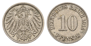 Германия 10 пфеннигов 1914 A, Вильгельм II (1888-1918) KM 12, J. 13 медно-никель 4636-1042