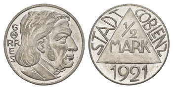 Кобленц 1/2 марки 1921 Funck 80.9A, Men05 4526.18, Men18 5727.18/20 сталь UNC 4586-911