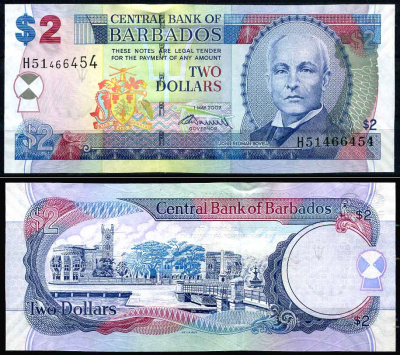 Барбадос 2 доллара 2007 Джон Редман Бовел, подпись WORRELL, Трафальгарская площадь в Бриджстоуне Pick 66 b бумага UNC (пресс)   447-10-1