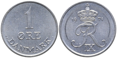 Дания 1 эре 1971 С; S, Фредерик IX (1947-1972) KM 839.2 цинк UNC 100-669